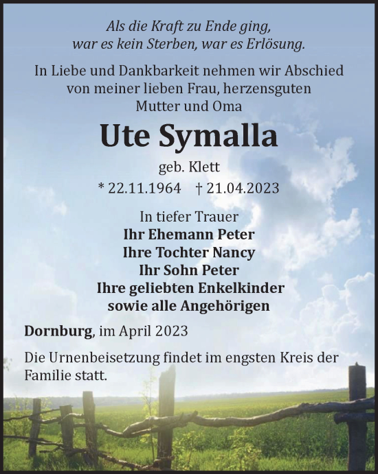 Traueranzeige von Ute Symalla von Ostthüringer Zeitung, Thüringische Landeszeitung