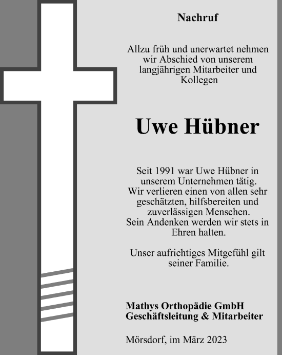 Traueranzeige von Uwe Hübner von Ostthüringer Zeitung
