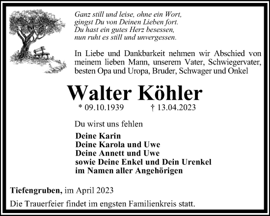 Traueranzeige von Walter Köhler