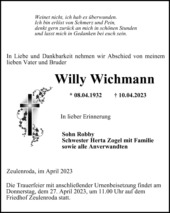 Traueranzeige von Willy Wichmann von Ostthüringer Zeitung