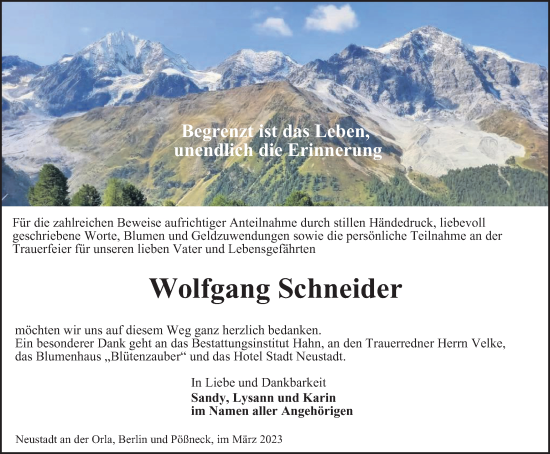 Traueranzeige von Wolfgang Schneider