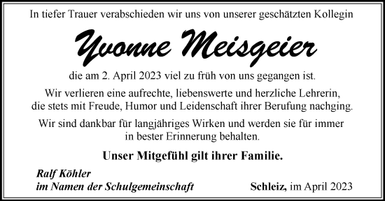 Traueranzeige von Yvonne Meisgeier von Ostthüringer Zeitung