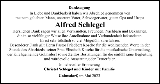 Traueranzeige von Alfred Schlegel von Ostthüringer Zeitung, Thüringische Landeszeitung