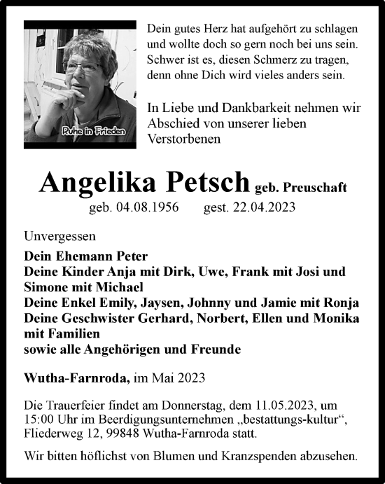 Traueranzeige von Angelika Petsch von Thüringer Allgemeine, Thüringische Landeszeitung