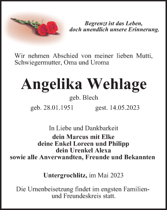 Traueranzeige von Angelika Wehlage von Ostthüringer Zeitung