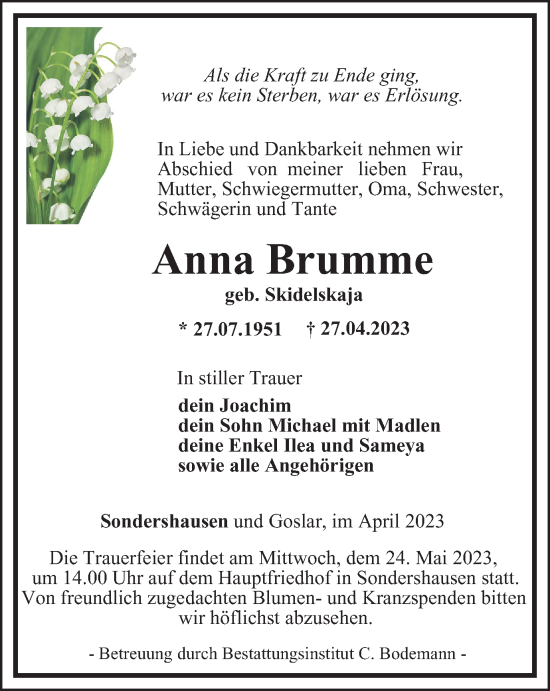 Traueranzeige von Anna Brumme