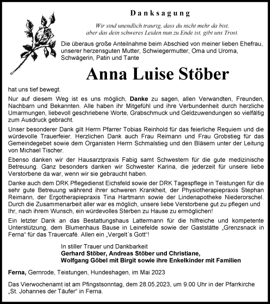 Traueranzeige von Anna Luise Stöber von Thüringer Allgemeine