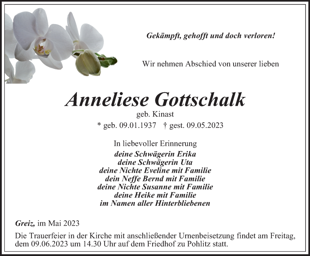  Traueranzeige für Anneliese Gottschalk vom 19.05.2023 aus Ostthüringer Zeitung