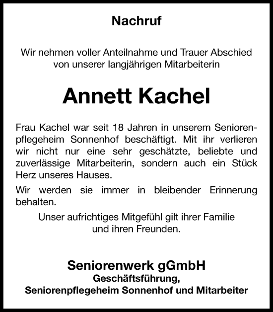 Traueranzeige von Annett Kachel von Thüringer Allgemeine