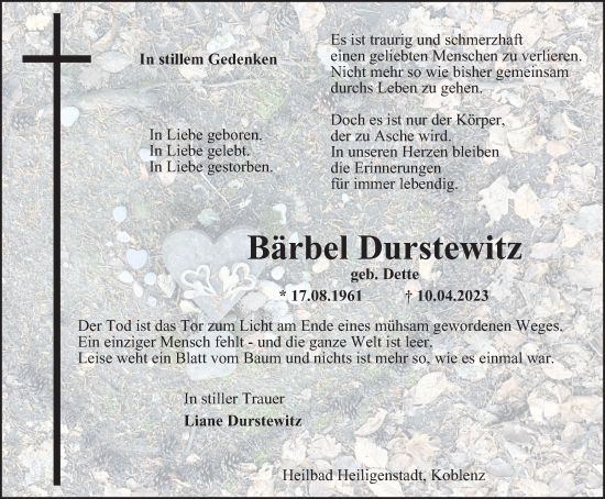 Traueranzeige von Bärbel Durstewitz von Thüringer Allgemeine