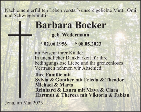 Traueranzeige von Barbara Bocker von Ostthüringer Zeitung, Thüringische Landeszeitung