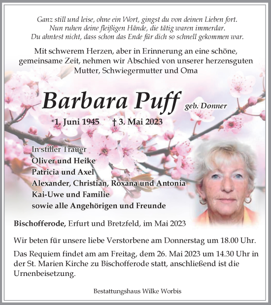 Traueranzeige von Barbara Puff von Thüringer Allgemeine