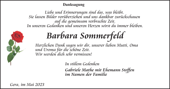 Traueranzeige von Barbara Sommerfeld von Ostthüringer Zeitung