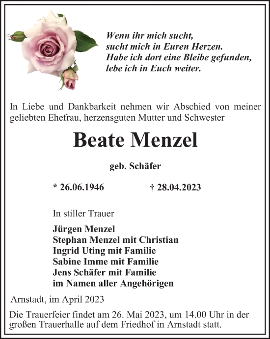 Traueranzeige von Beate Menzel von Thüringer Allgemeine