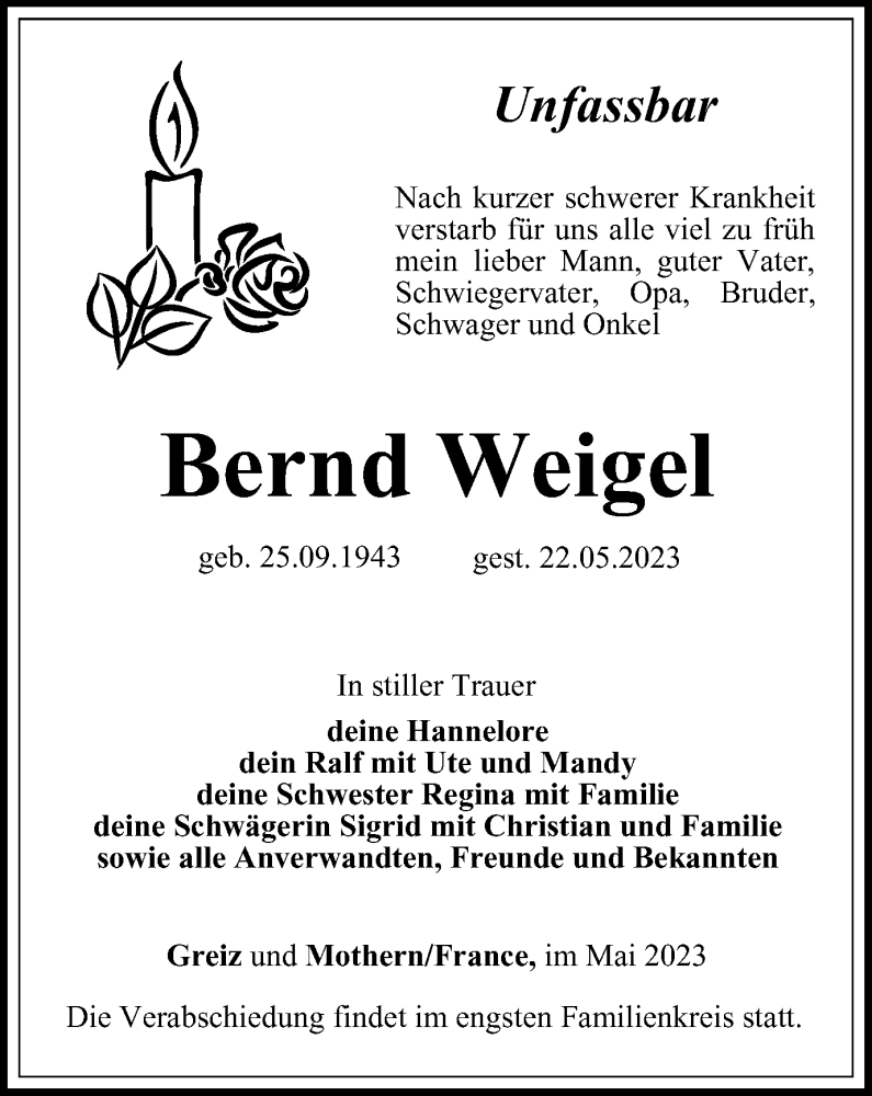  Traueranzeige für Bernd Weigel vom 26.05.2023 aus Ostthüringer Zeitung