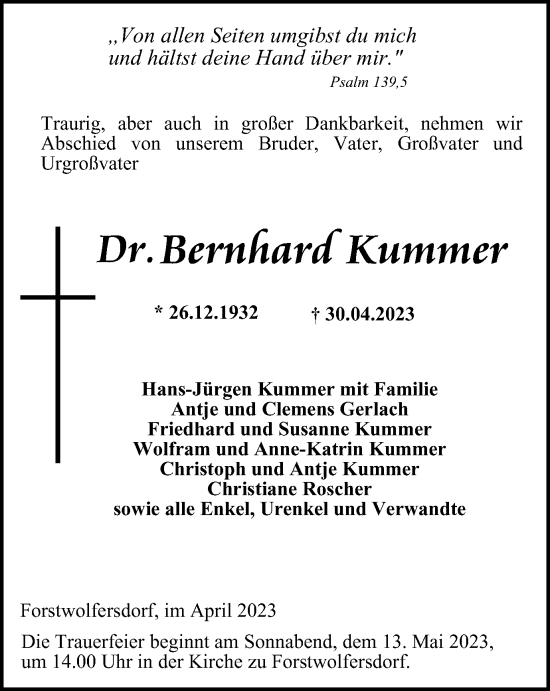 Traueranzeige von Bernhard Kummer von Ostthüringer Zeitung