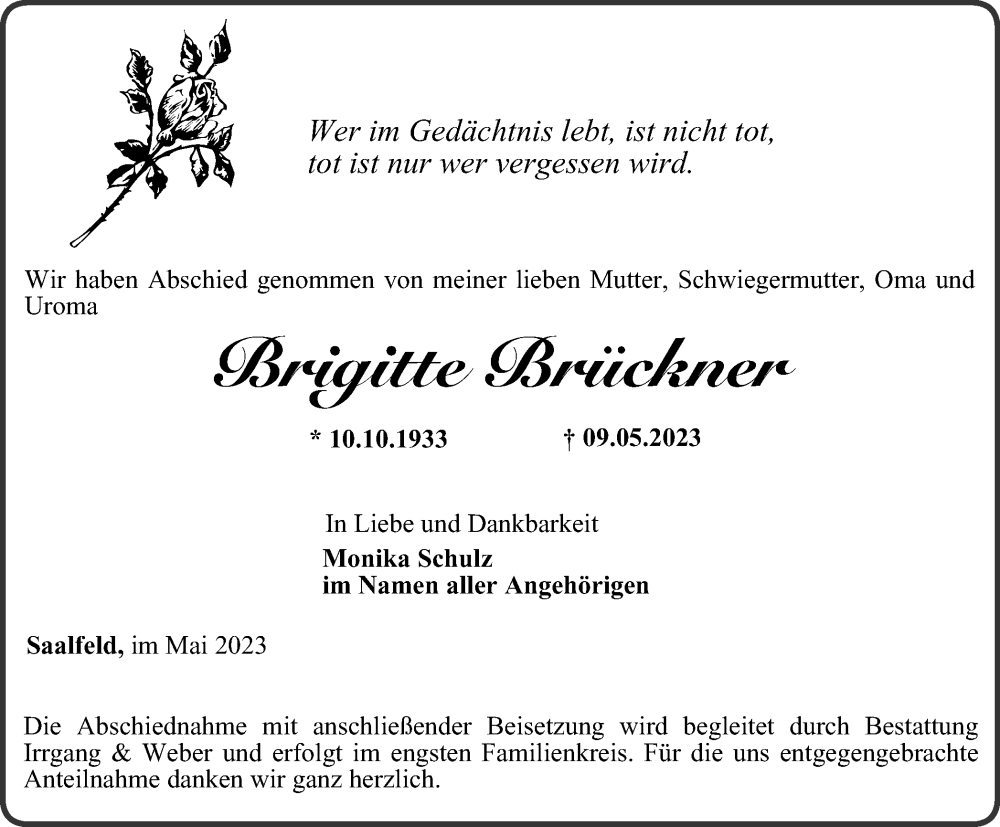  Traueranzeige für Brigitte Brückner vom 27.05.2023 aus Ostthüringer Zeitung