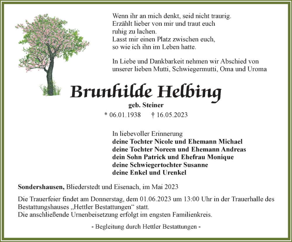  Traueranzeige für Brunhilde Helbing vom 20.05.2023 aus Thüringer Allgemeine
