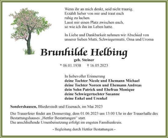 Traueranzeige von Brunhilde Helbing von Thüringer Allgemeine