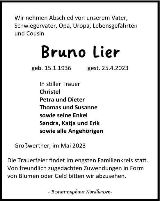 Traueranzeige von Bruno Lier von Thüringer Allgemeine