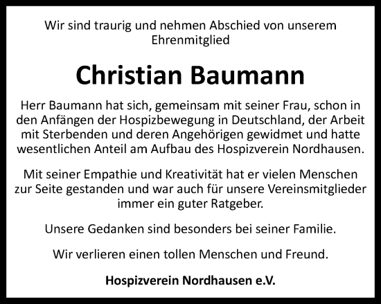 Traueranzeige von Christian Baumann von Thüringer Allgemeine