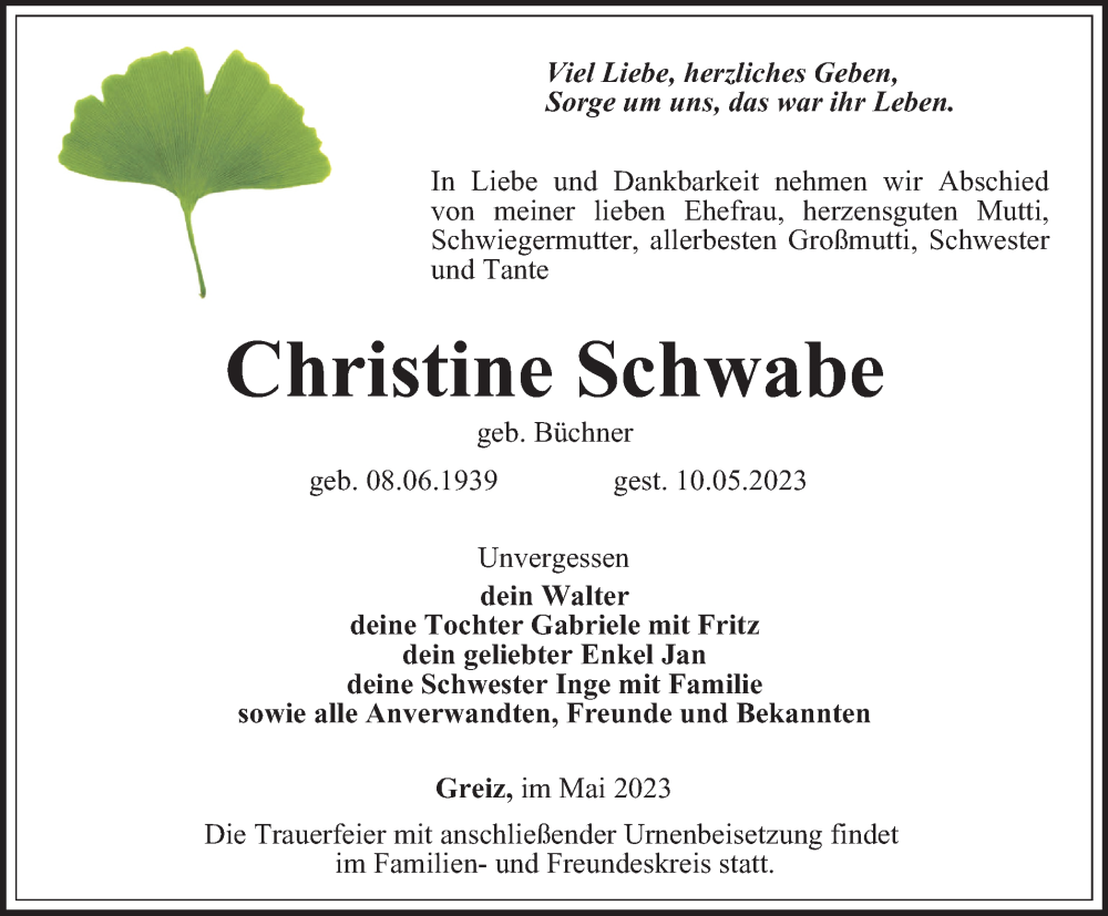  Traueranzeige für Christine Schwabe vom 19.05.2023 aus Ostthüringer Zeitung