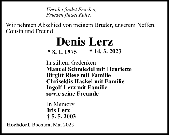 Traueranzeige von Denis Lerz von Thüringer Allgemeine, Thüringische Landeszeitung