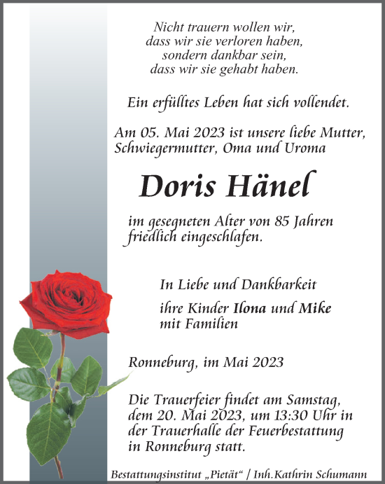 Traueranzeige von Doris Hänel von Ostthüringer Zeitung