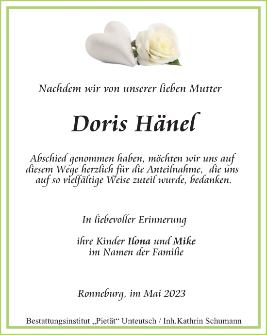 Traueranzeige von Doris Hänel von Ostthüringer Zeitung