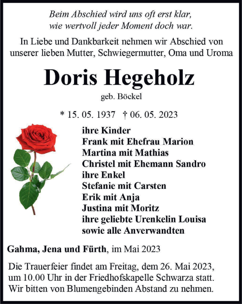  Traueranzeige für Doris Hegeholz vom 20.05.2023 aus Ostthüringer Zeitung
