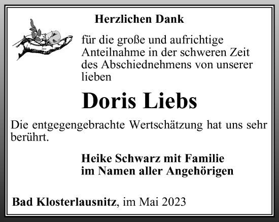 Traueranzeige von Doris Liebs von Ostthüringer Zeitung