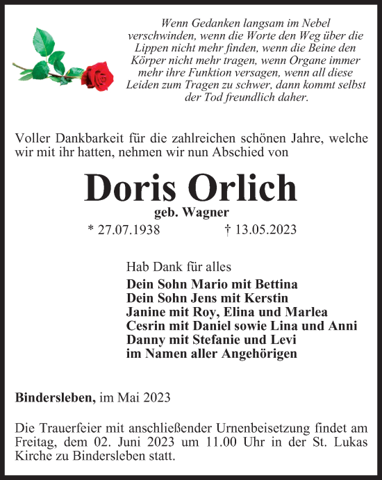 Traueranzeige von Doris Orlich von Thüringer Allgemeine, Thüringische Landeszeitung