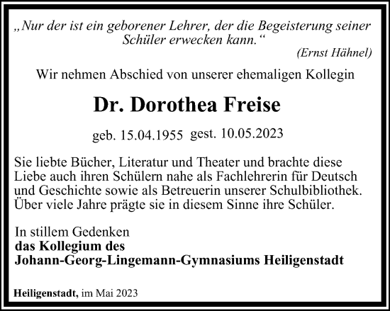 Traueranzeige von Dorothea Freise von Thüringer Allgemeine