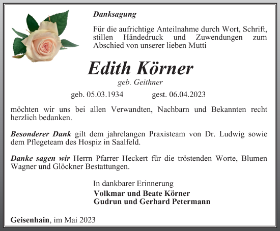 Traueranzeige von Edith Körner von Ostthüringer Zeitung