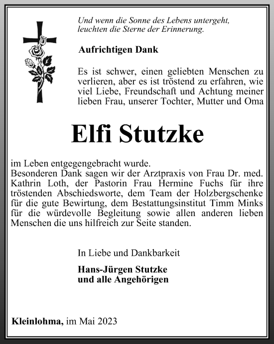 Traueranzeige von Elfi Stutzke von Thüringer Allgemeine, Thüringische Landeszeitung