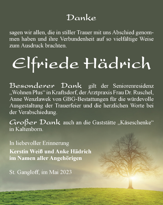 Traueranzeige von Elfriede Hädrich von Ostthüringer Zeitung