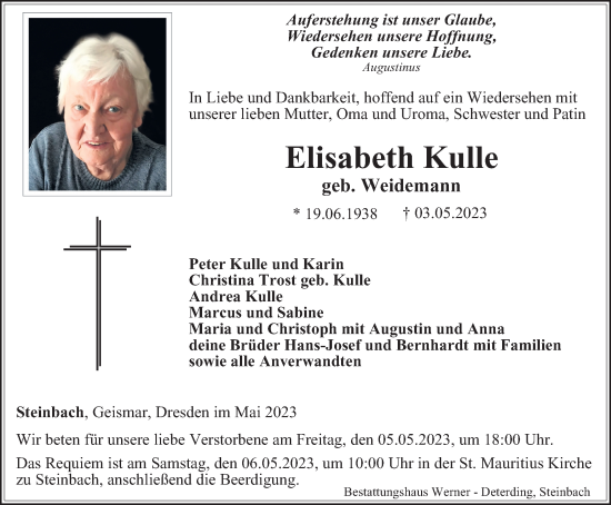 Traueranzeige von Elisabeth Kulle von Thüringer Allgemeine