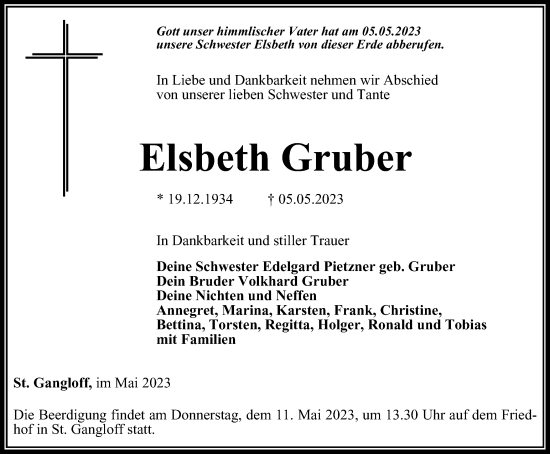 Traueranzeige von Elsbeth Gruber von Ostthüringer Zeitung