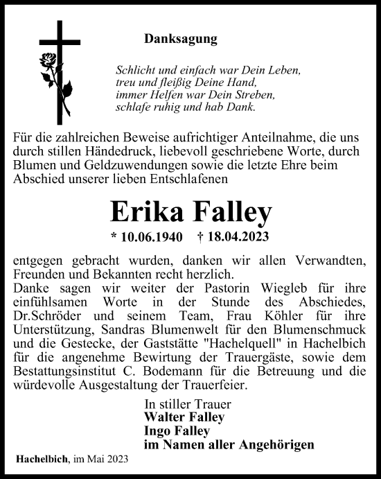 Traueranzeige von Erika Falley von Thüringer Allgemeine