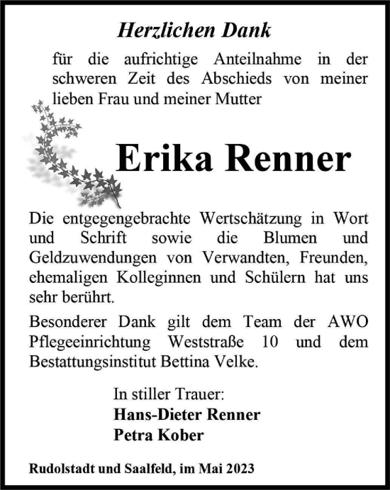 Traueranzeige von Erika Renner von Ostthüringer Zeitung