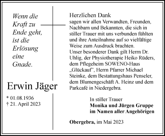 Traueranzeige von Erwin Jäger von Thüringer Allgemeine