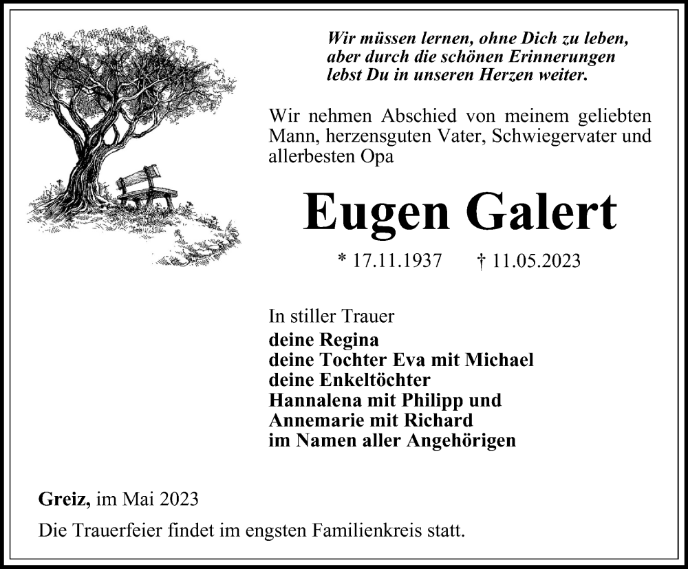  Traueranzeige für Eugen Galert vom 19.05.2023 aus Ostthüringer Zeitung