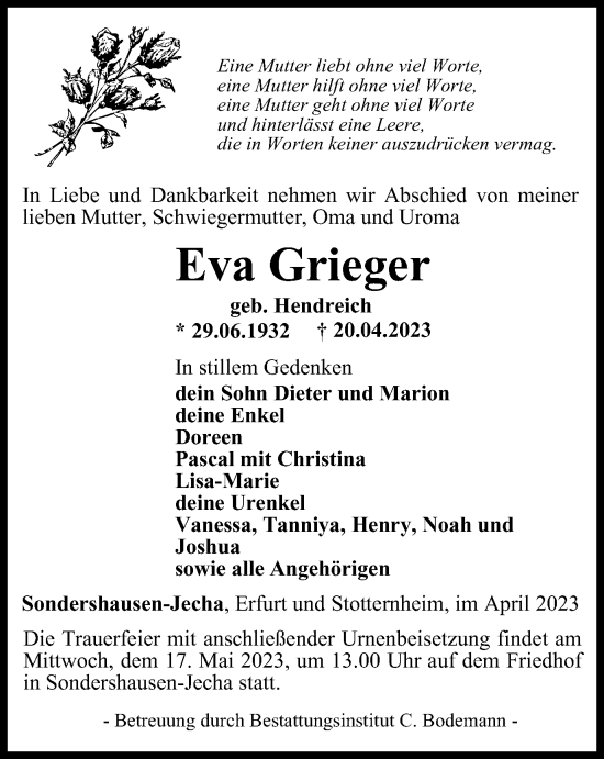 Traueranzeige von Eva Grieger