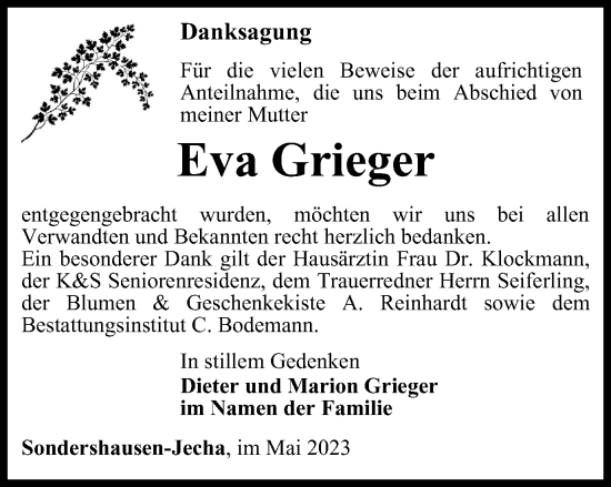 Traueranzeige von Eva Grieger