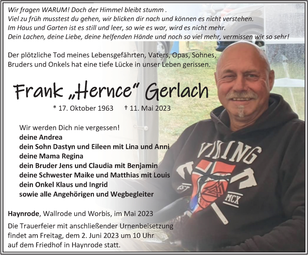  Traueranzeige für Frank Gerlach vom 30.05.2023 aus Thüringer Allgemeine