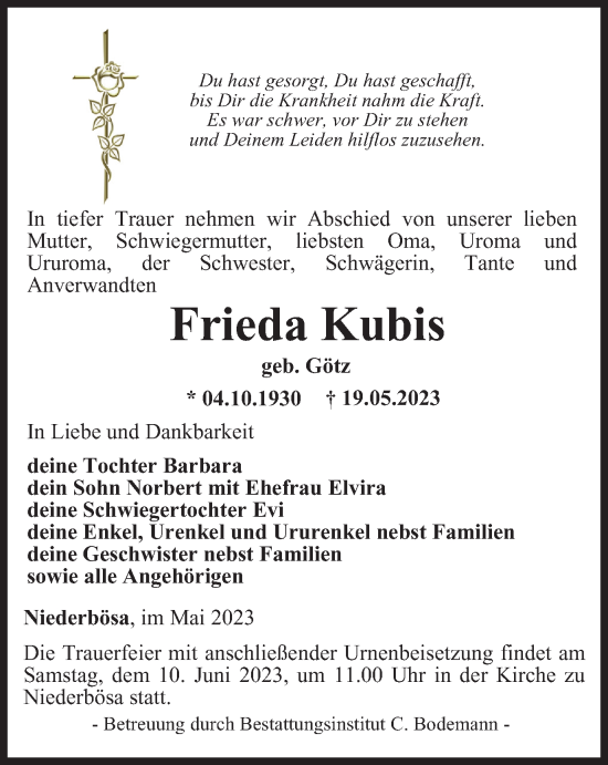 Traueranzeige von Frieda Kubis