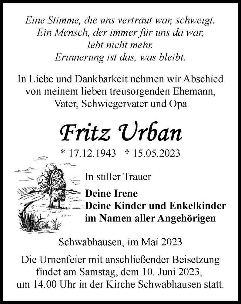  Traueranzeige für Fritz Urban vom 20.05.2023 aus Thüringer Allgemeine, Thüringische Landeszeitung