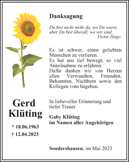 Traueranzeige von Gaby Klüting von Thüringer Allgemeine