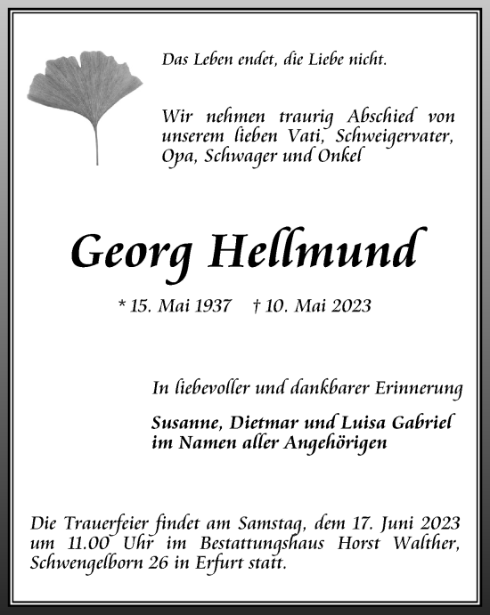 Traueranzeige von Georg Hellmund von Thüringer Allgemeine, Thüringische Landeszeitung