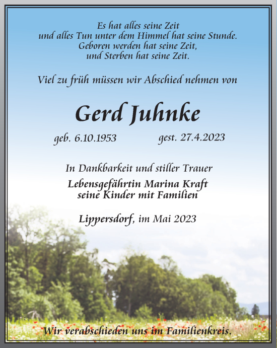 Traueranzeige von Gerd Juhnke von Ostthüringer Zeitung